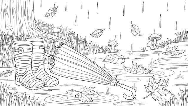 Rainy day nature coloring page with rubber boots folded umbrella and autumn leaves in puddles near forest tree trunk under falling rain drops background.
