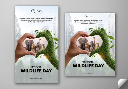 Editable National Wildlife Day Social Media Post and Story Template Design with Safari Animals Inside Heart Shape Formed by Human and Nature Hands Symbolizing Love for Wildlife.