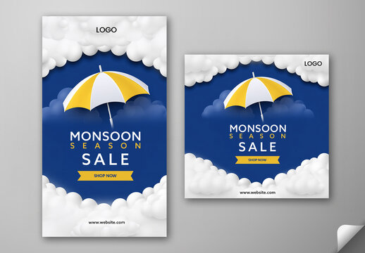 Editable Monsoon Season Sale Social Media Post and Story Template Design in Blue and White Clouds Theme.