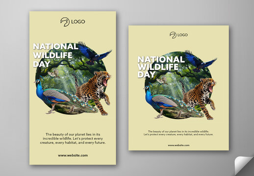 Editable National Wildlife Day Social Media Post and Story Template Design with Roaring Jaguar, Peacock and Flying Birds in Jungle Circle Photo.