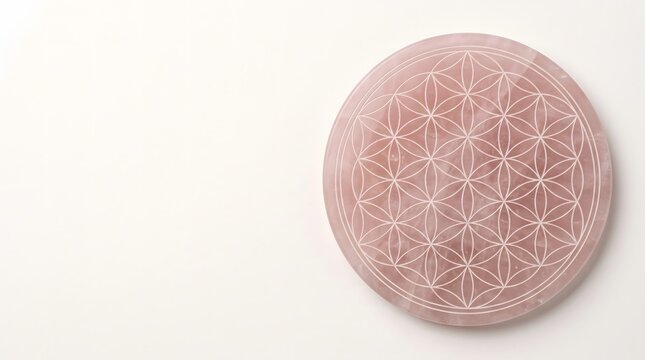 Polished rose quartz disc with precise laser-engraved Flower of Life pattern nineteen overlapping circles on warm white surface, sacred geometry crystal mineral spiritual pattern wellness science 