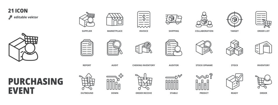 Purchasing and Procurement Line Icon Pack, Editable Vector Elements for Supply Chain, Inventory Management and SaaS Dashboard UI
