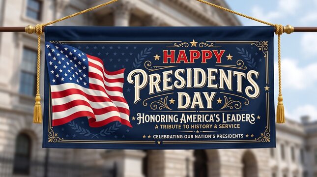 Happy Presidents Day Banner Featuring Elegant Calligraphy Typography, American Flag Colors, Decorative Stars, and Patriotic Design Honoring All United States Presidents, National Holiday Celebration, 