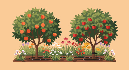Fototapeta premium Peach tree with ripe fruit and colorful spring flowers in a garden