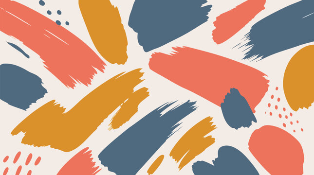 Dynamic abstract composition of layered coral ochre and cool slate brushstrokes scattered across neutral background creating bold modern artistic texture perfect for contemporary graphic design