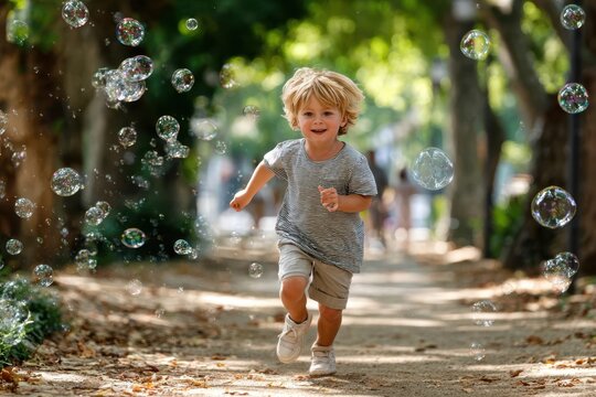 Happy Child Running Through Bubbles in Park