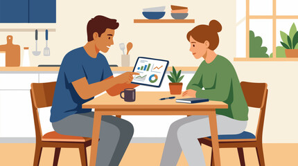 Fototapeta premium Young couple reviewing household budget on a tablet at cozy kitchen table, smiling partners planning finances with colorful charts, savings goals, bills, and everyday money management