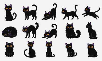 Fototapeta premium Set of cute black cats in different poses, vector illustration of halloween kittens