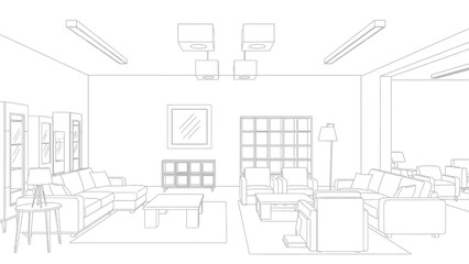 Fototapeta premium Spacious furniture showroom layout featuring modern sofas coffee tables and shelving units in clean minimalist architectural line art for interior catalogs.
