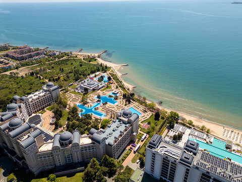 Aerial view of luxury beachfront resort hotel in Sunny Beach, Bulgaria