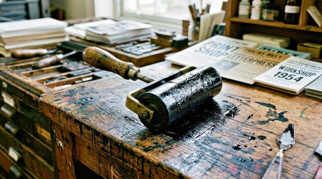 Vintage Printing Press on Rustic Wooden Table