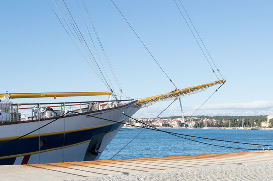 Traditional sailing ship bow in Zadar harbor, Adriatic Sea, Croatia