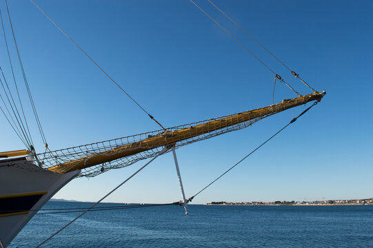 Bowsprit and rigging of a traditional sailing ship on the Adriatic Sea in Zadar, Croatia