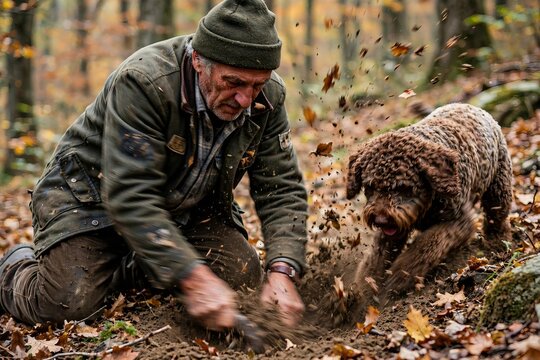 Older man and his Lagotto Romagnolo dog digging enthusiastically in the forest dirt searching for truffles among autumn leaves
