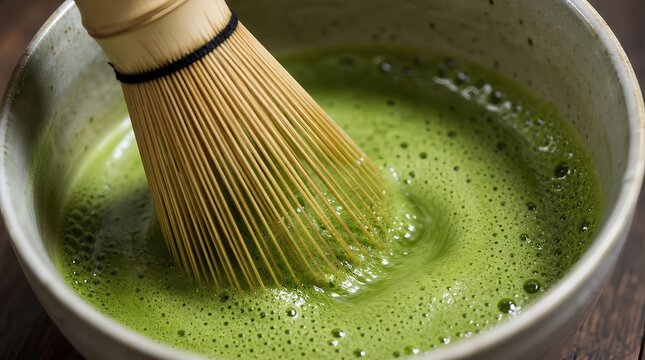 Bamboo whisk froths vibrant green matcha in a ceramic bowl, ideal for tea ceremony, cafe branding, mindful rituals, and beverage promotions.