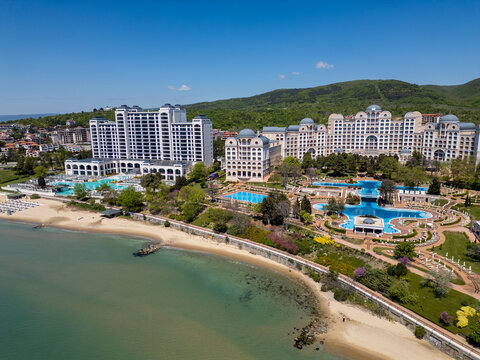 Aerial view of luxury beachfront resort hotel in Sunny Beach, Bulgaria