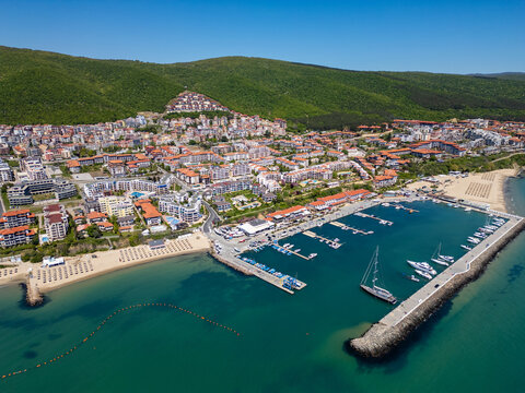 Aerial view of Dinevi Marina yacht port in Sveti Vlas resort, Bulgaria