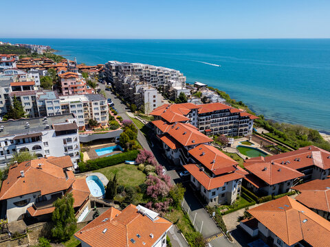 Aerial panoramic view of Sveti Vlas resort town and sea coast, Bulgaria