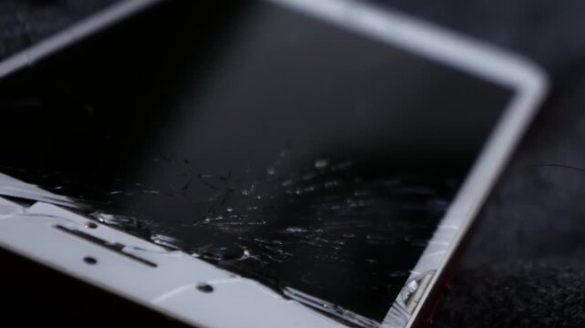 Broken cracked smartphone screen Phone red on dark fabric background, shattered glass display damage concept