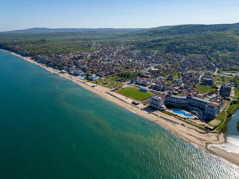 Aerial panorama of Obzor beach resort town on the Black Sea coast, Bulgaria