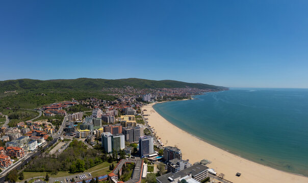 Aerial view of luxury beachfront resort hotel in Sunny Beach, Bulgaria