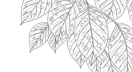 Fototapeta premium Raindrops on delicate leaf outlines, minimalist botanical sketch, fresh nature drawing.
