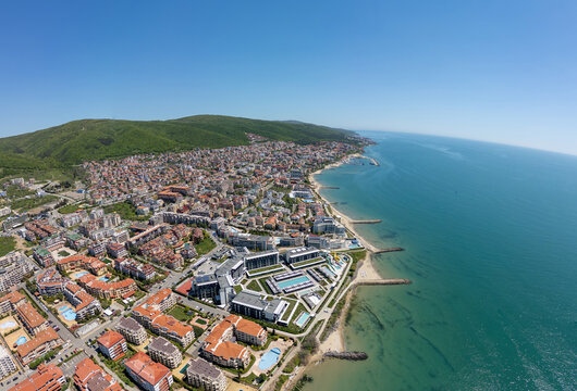 Aerial view of luxury beachfront resort hotel in Sunny Beach, Bulgaria