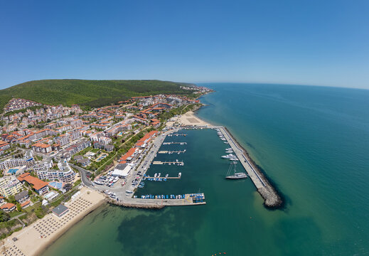 Aerial view of Dinevi Marina yacht port in Sveti Vlas resort, Bulgaria