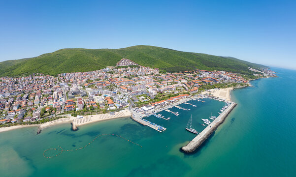 Aerial view of Dinevi Marina yacht port in Sveti Vlas resort, Bulgaria
