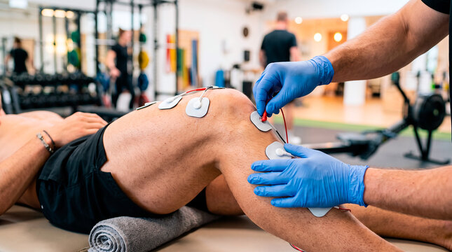 Physical therapist applies electrodes to patient's knee for electrotherapy treatment