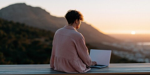 Fototapeta premium Young person working on a laptop at sunset on a mountain balcony background for remote work banner and outdoor productivity design