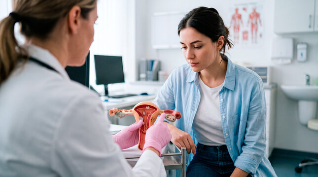 Gynecologist explaining female reproductive anatomy using a model to a patient