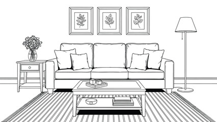 Cozy living room interior line drawing with comfortable sofa throw pillows floral vase on side table framed botanical art and tall floor lamp on area rug. © hossain