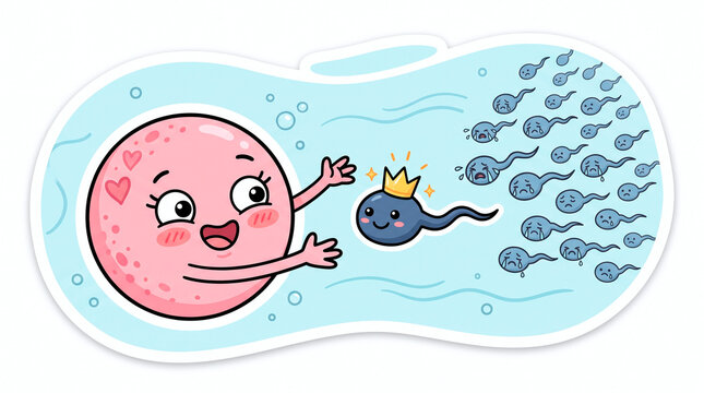 Cute cartoon egg cell welcoming a sperm with a crown, surrounded by sad sperm