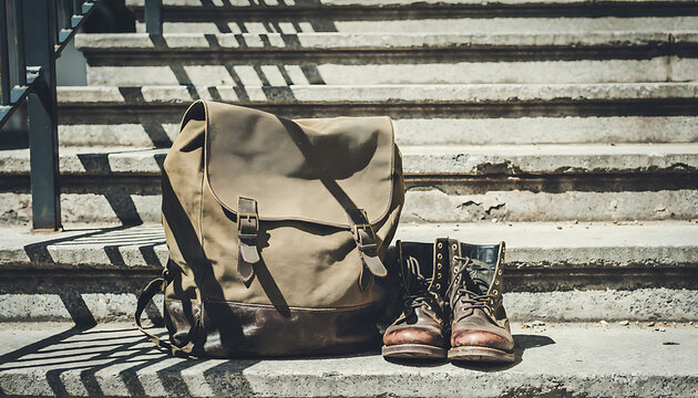 A cinematic, photorealistic still life with a canvas backpack and boots near the bott 