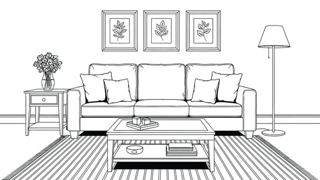 Cozy living room interior line drawing with comfortable sofa throw pillows floral vase on side table framed botanical art and tall floor lamp on area rug.