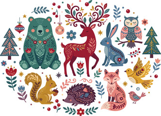 Obraz premium Scandinavian folk art Christmas vector set with winter forest animals deer bear fox owl hedgehog and festive floral elements isolated decoration illustration