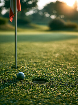 a golf ball lies in front of a hole with a flag