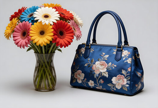 Blue handbag with floral embroidery sits beside bright gerbera daisies. Vibrant blossoms echo the bag's delicate pattern. Soft lighting enhances both textures and hues. Perfect for fashion, lifestyle