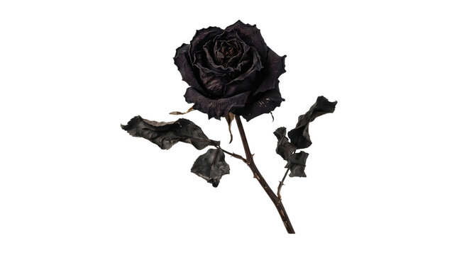 Withered dark gothic rose with stem and leaves