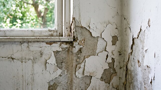 Damaged Interior Wall with Peeling Paint and Moisture Seepage Damage