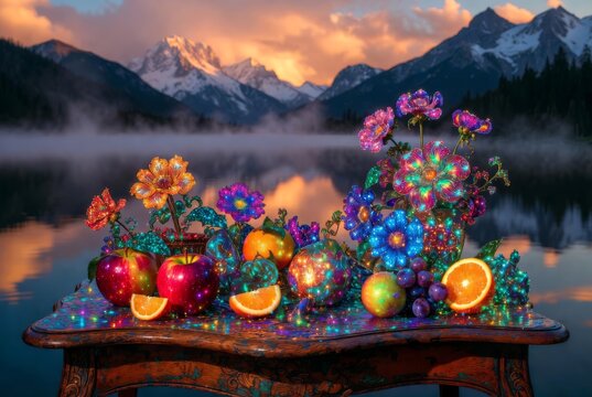 Composizione magica e scintillante di frutta e fiori su un tavolo di legno con paesaggio montano e lago al tramonto