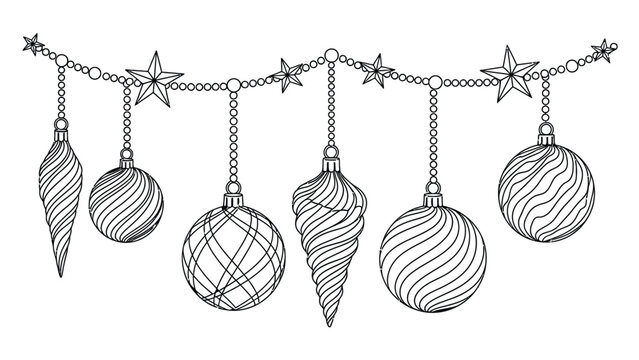 Christmas festive garland with hanging ornaments including round balls and spiral drops plus stars on beaded string for winter holiday celebration design.