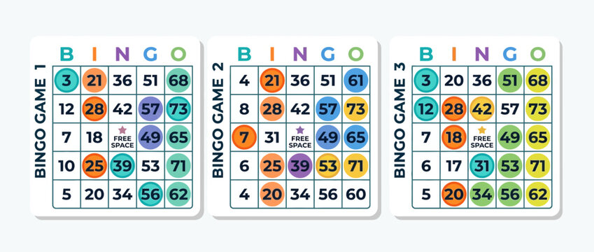 Three Bingo Cards Game Boards Numbers Fun Play Entertainment
