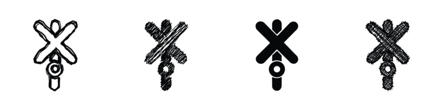 Set of railroad crossing warning signs in different artistic styles