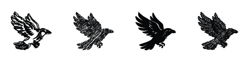 Fototapeta premium Collection of four stylized bird illustrations in black and white