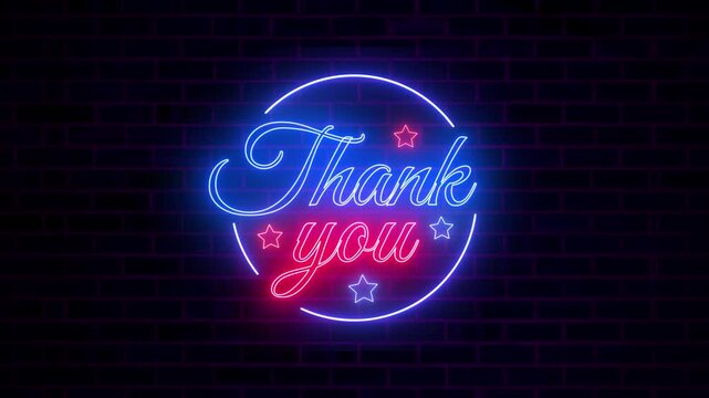 Thank You Neon Sign Animation Glowing Typography on Brick Wall Background 4K