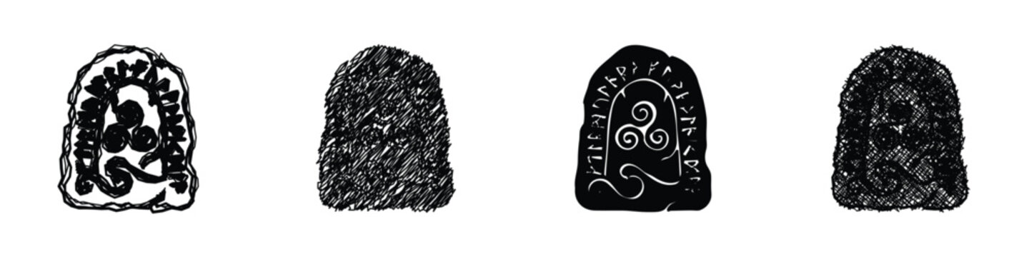 Collection of ancient runestones and carved stones with Celtic and Norse symbols