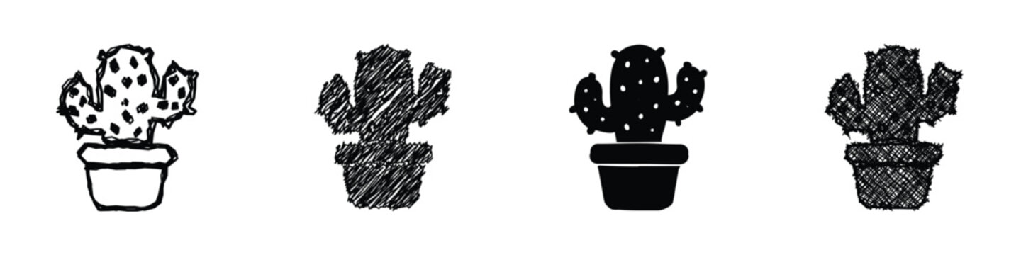 Collection of four distinct cactus icons in potted plants, diverse styles