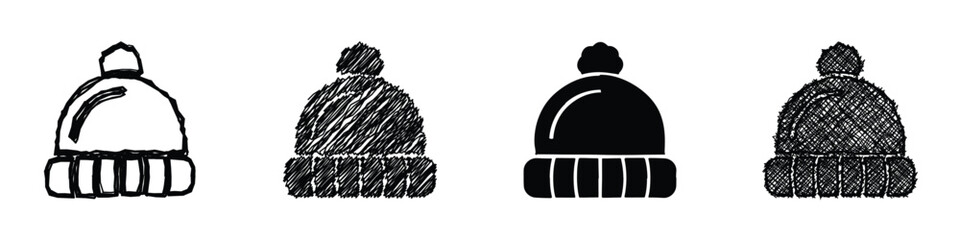 Fototapeta premium Collection of four distinct beanie hat icons with pom-poms and ribbed cuffs